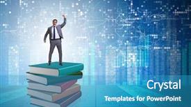  Presentation with executive - Cool new slide deck with business intelligence knowledge management - businessman in executive education concept backdrop and a teal colored foreground