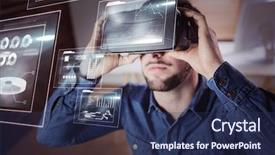  Presentation with virtual - Amazing theme having business interfaces against man wearing virtual glass backdrop and a navy blue colored foreground