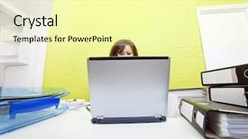  Presentation with cyber stalking computer laptop suffering - Slide deck with business intern - caucasian young woman working background and a  colored foreground