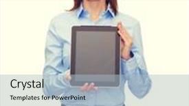  Presentation with black technology - PPT theme consisting of business internet advertisement and technology concept - smiling woman with black blank tablet pc computer screen background and a light blue colored foreground