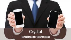  Presentation with smartphones - Presentation theme having business internet and technology concept - businessman showing two smartphones with blank black screens background and a tawny brown colored foreground