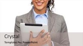  Presentation with african american business - Audience pleasing slide set consisting of business internet and technology concept - smiling african-american woman looking at tablet pc computer backdrop and a light gray colored foreground