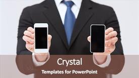  Presentation with smartphones - Presentation design featuring business internet and technology concept - businessman showing two smartphones with blank black screens background and a coral colored foreground