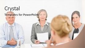  Presentation with professional interview - Theme featuring business interview young woman being examined by professional manager team background and a white colored foreground