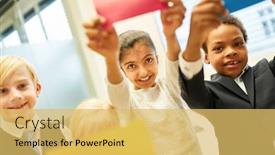  Presentation with team kids - Slide set enhanced with business-kids-enjoy-team-building background and a yellow colored foreground