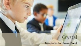  Presentation with class - PPT theme consisting of business kids in computer class work on tablet pc in the classroom background and a soft green colored foreground