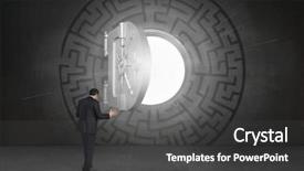  Presentation with safe - Amazing PPT theme having business labyrinth - gesturing businessman against open safe backdrop and a dark gray colored foreground