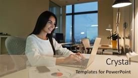  Presentation with young students working in groups - Slide deck with business lady - happy young businesswoman working background and a  colored foreground