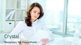  Presentation with taking notes - Slide set featuring business lady looking background and a  colored foreground