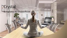  Presentation with lady - Slides consisting of meditation - business lady meditating at work background and a light gray colored foreground