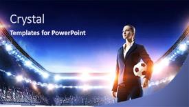 Presentation with football stadium - Audience pleasing slide deck consisting of business-lady-on-football-stadium backdrop and a navy blue colored foreground