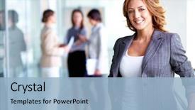  Presentation with cheerful - PPT theme having business lady with positive look background and a light blue colored foreground