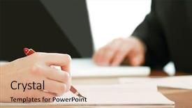  Presentation with working together - Presentation theme featuring business law - colleagues working together in office background and a coral colored foreground