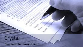  Presentation with contract - Cool new slide deck with business law - contract with person signing name backdrop and a seafoam green colored foreground