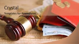  Presentation with rustic wood wooden frame - Presentation theme consisting of business law - gavel and money coins background and a coral colored foreground