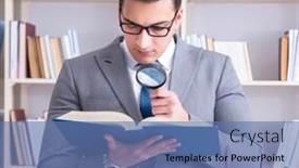  Presentation with business book - Colorful presentation design enhanced with business law student with magnifying glass reading a book backdrop and a teal colored foreground