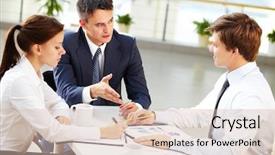  Presentation with employees - Cool new theme with group discussion debate - business leader and his employees backdrop and a lemonade colored foreground