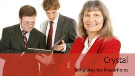  Presentation with woman leader - Cool new PPT theme with business leader with her team backdrop and a  colored foreground
