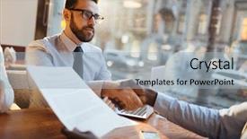  Presentation with business leaders - Audience pleasing PPT theme consisting of business leaders handshaking after negotiating backdrop and a light blue colored foreground