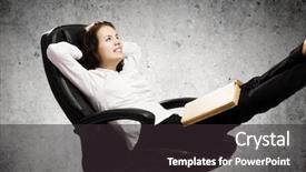  Presentation with reading - Beautiful presentation theme featuring business leisure - young businesswoman sitting in chair backdrop and a dark gray colored foreground