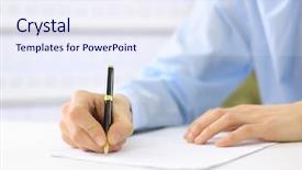  Presentation with writing - Beautiful PPT theme featuring business letter - hands writing on a paper backdrop and a sky blue colored foreground