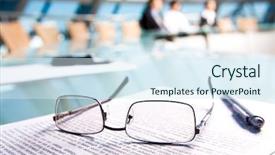  Presentation with conference table - PPT theme featuring business letter - image of several objects lying background and a sky blue colored foreground