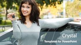  Presentation with self driving car - PPT theme consisting of business license - happy female driver showing car background and a gray colored foreground