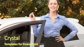  Presentation with self driving car - Slide deck featuring business license - happy female driver showing car background and a tawny brown colored foreground