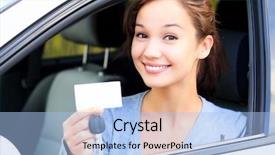  Presentation with car key - Slide deck featuring business license - happy girl in a car background and a light blue colored foreground