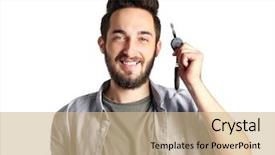  Presentation with car body repairer holding - Colorful PPT layouts enhanced with business license - portrait of young man holding backdrop and a coral colored foreground