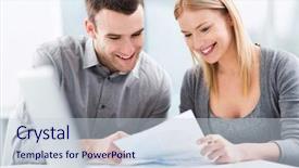  Presentation with employees working together - PPT theme consisting of business loan - young couple working together background and a  colored foreground