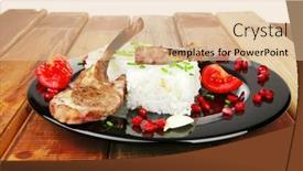  Presentation with rice business - Amazing presentation theme having business lunch main course grilled ribs with rice and tomatoes on black dish over wood table backdrop and a lemonade colored foreground