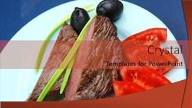  Presentation with meat beef - Presentation featuring business lunch meat savory grilled beef fillet mignon on blue plate with pepper chives and black greek olives over blue wooden table background and a red colored foreground