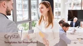  Presentation with congratulation - Presentation theme consisting of business-man-and-trainee-doing background and a soft green colored foreground