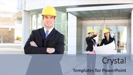  Presentation with building team - Amazing slides having construction team at office building backdrop and a light blue colored foreground