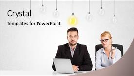  Presentation with light bulbs - PPT theme featuring business man and woman sitting at table with bright idea light bulbs background and a white colored foreground