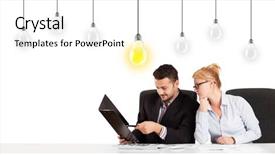  Presentation with light bulbs - PPT theme consisting of business man and woman sitting at table with bright idea light bulbs background and a white colored foreground