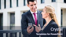  Presentation with smart building - Slides having business man and woman working outdoors with smart phone in front of office building background and a navy blue colored foreground