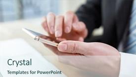  Presentation with business report - Amazing presentation having business man checking finance report on table by using laptop tablet and mobile phone backdrop and a sky blue colored foreground