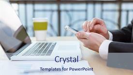  Presentation with business report - Beautiful slide deck featuring business man checking finance report on table by using laptop tablet and mobile phone backdrop and a sky blue colored foreground