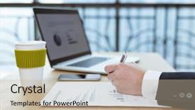  Presentation with business report - Slide set with business man checking finance report on table by using laptop tablet and mobile phone background and a mint green colored foreground