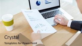  Presentation with business report - Slide set enhanced with business man checking finance report on table by using laptop tablet and mobile phone background and a coral colored foreground