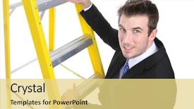  Presentation with business man climbs up to the top of 3d success stairs steps - Beautiful slide deck featuring business man climbing a ladder backdrop and a  colored foreground