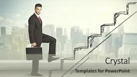  Presentation with business man climbs up to the top of 3d success stairs steps - Audience pleasing presentation theme consisting of business man climbing up backdrop and a  colored foreground