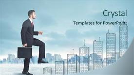  Presentation with business man climbs up to the top of 3d success stairs steps - Cool new PPT layouts with business man climbing up backdrop and a light blue colored foreground