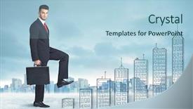  Presentation with city buildings - Slide deck with business man climbing up background and a light blue colored foreground