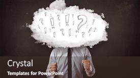  Presentation with question marks - Beautiful slide set featuring business man cloud head with question and exclamation marks concept backdrop and a tawny brown colored foreground