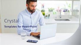  Presentation with working - Theme featuring business man concentrated working using computer laptop background and a sky blue colored foreground