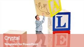  Presentation with alphabet - PPT layouts with business man creating a sale sign out of giant alphabet blocks background and a coral colored foreground