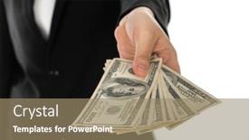  Presentation with displaying - Beautiful slide set featuring business man displaying a spread of dollar backdrop and a coral colored foreground